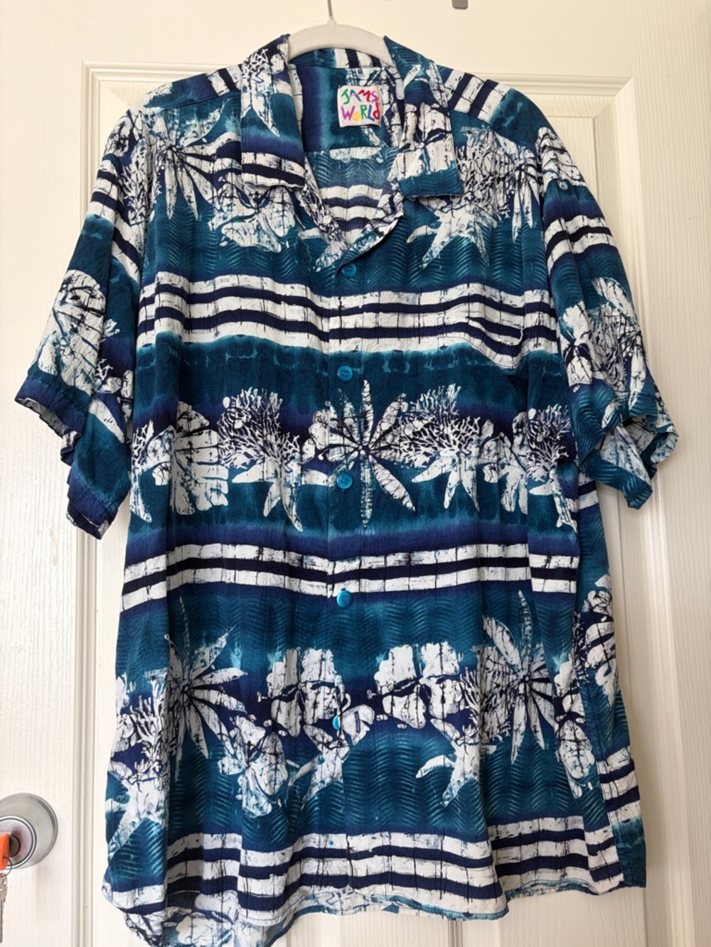 Jams World Teal Navy and White Floral Stripe Hawaiian Shirt